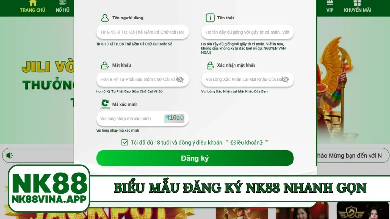 Biểu mẫu đăng ký NK88 nhanh gọn