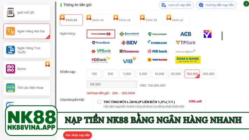 Nạp tiền NK88 bằng ngân hàng nhanh